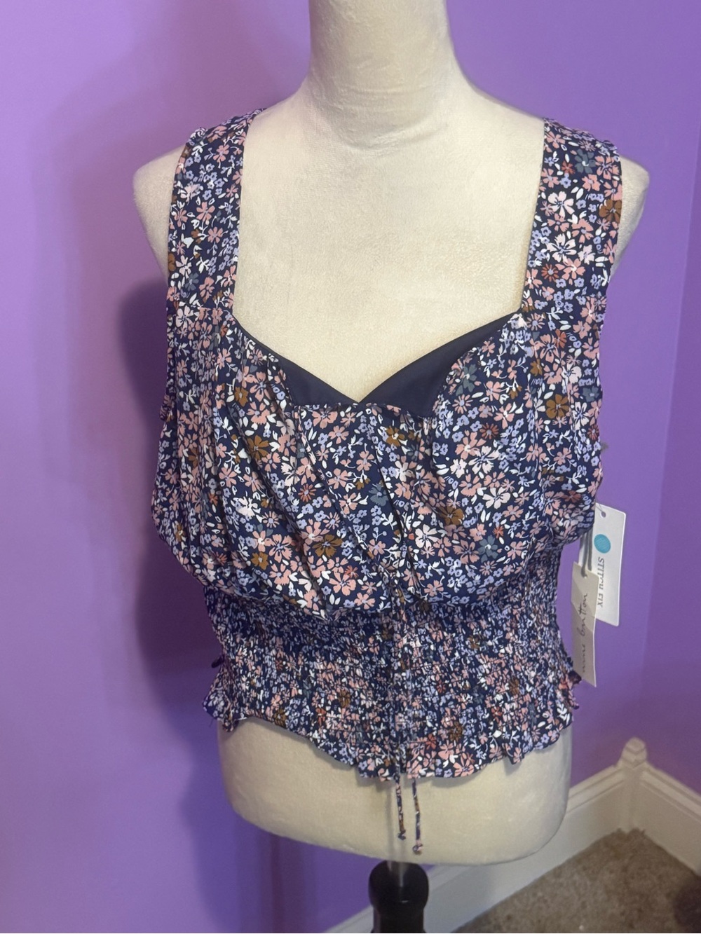 nine britton Navy Floral Smocked Waist Tank with Pink Accents